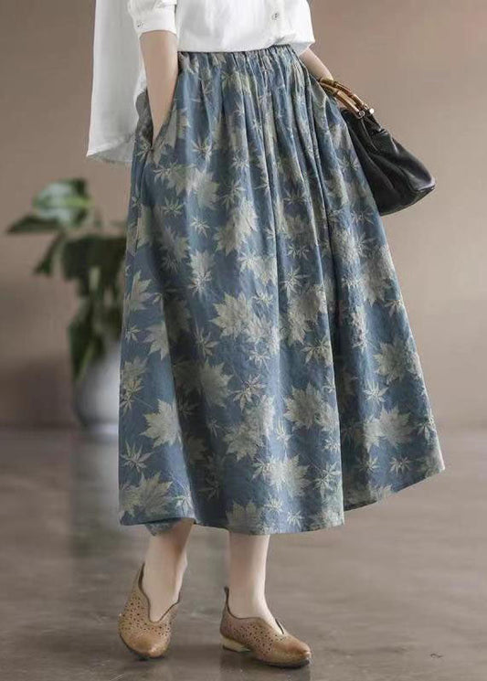 Blue Wrinkled Elastic Waist Patchwork Cotton Skirts Summer