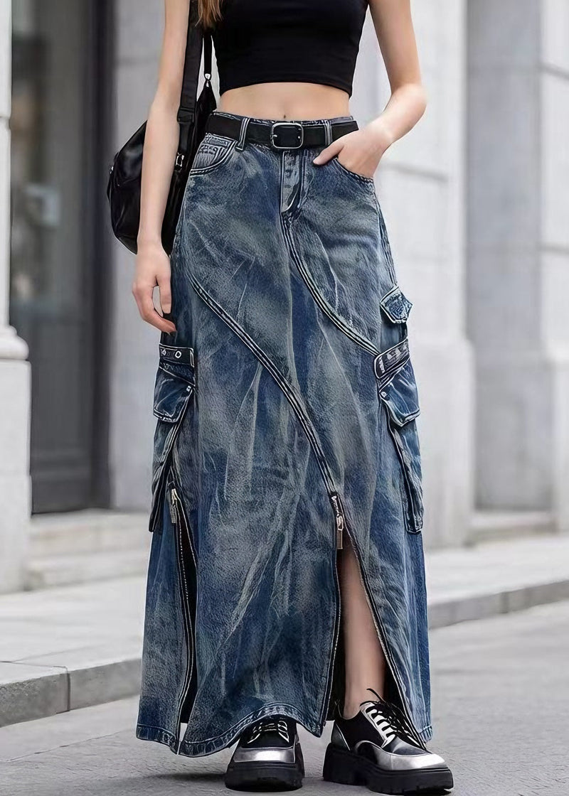 Blue Zip Up Pockets Tie Dye Denim Skirts Spring