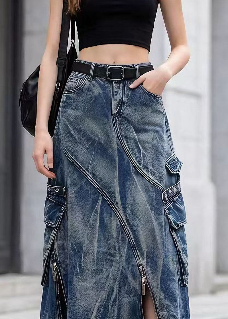 Blue Zip Up Pockets Tie Dye Denim Skirts Spring