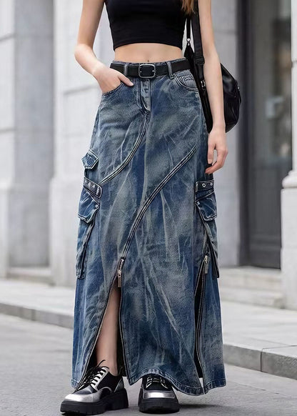 Blue Zip Up Pockets Tie Dye Denim Skirts Spring