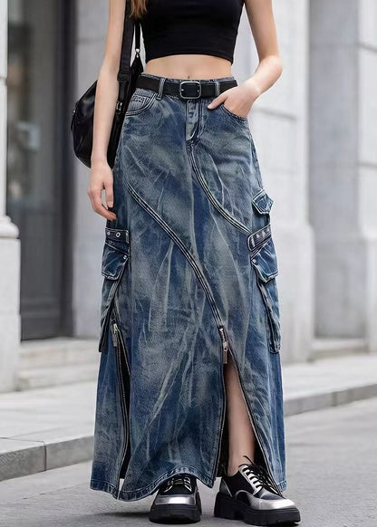 Blue Zip Up Pockets Tie Dye Denim Skirts Spring