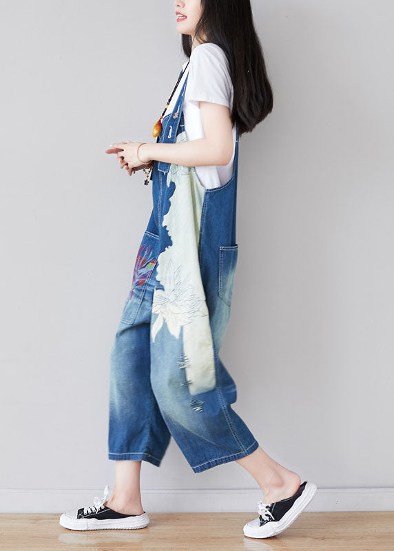 Blue Pockets Print Patchwork Jumpsuit Summer
