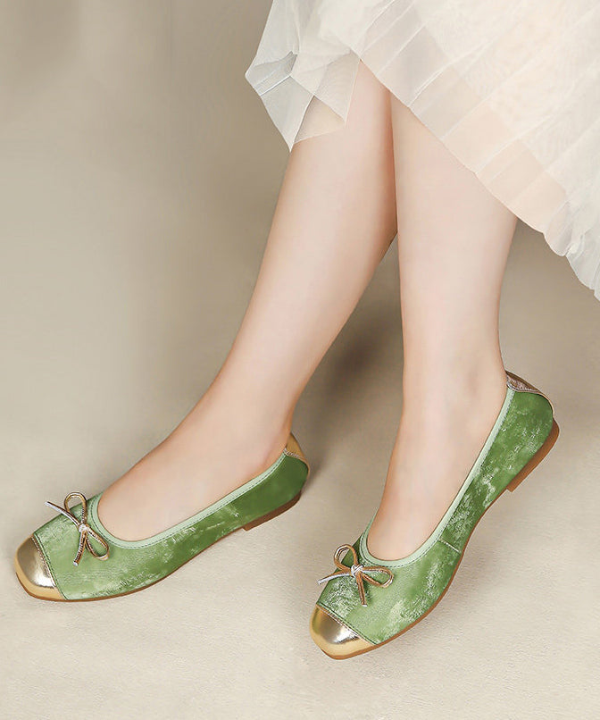 Bow Flat Shoes for Green Sheepskin