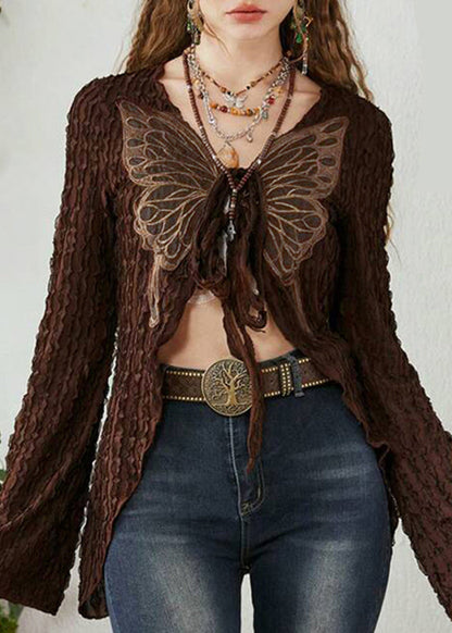 Brown Butterfly Lace Up Patchwork Knitting Cotton Cardigan Spring