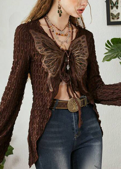 Brown Butterfly Lace Up Patchwork Knitting Cotton Cardigan Spring