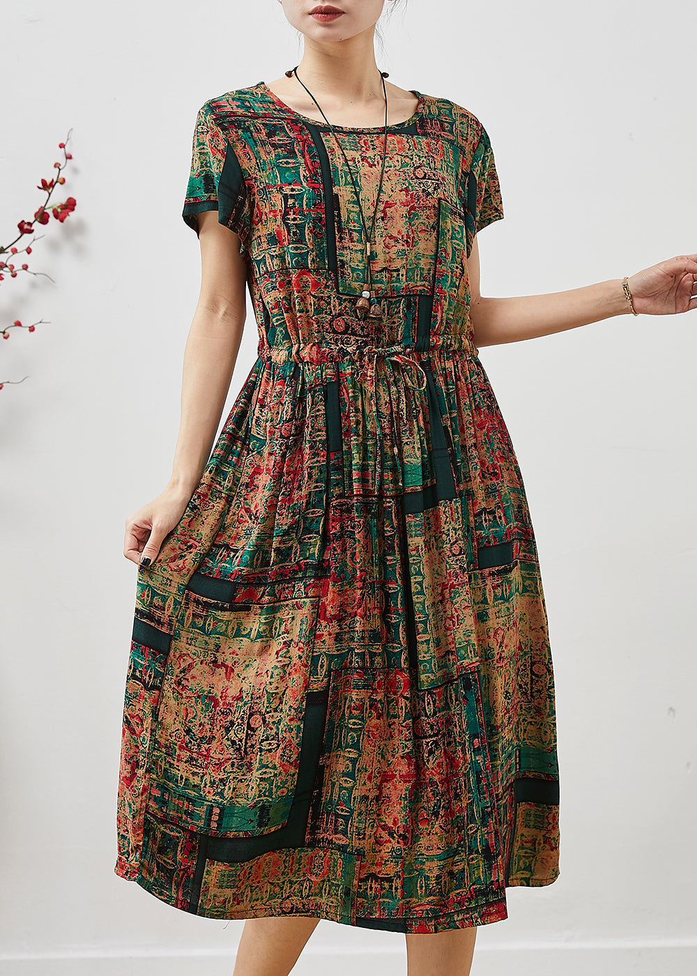 Brown Cinched Print Cotton Maxi Dresses Summer