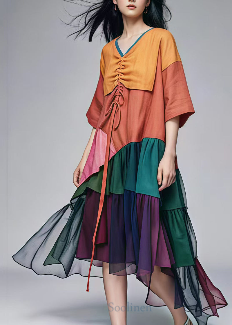 Brown Drawstring Patchwork Cotton Long Dress Summer