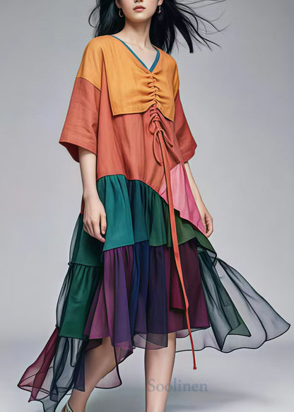 Brown Drawstring Patchwork Cotton Long Dress Summer