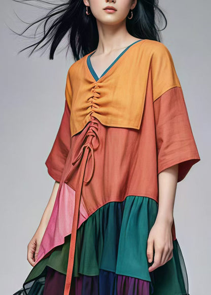 Brown Drawstring Patchwork Cotton Long Dress Summer