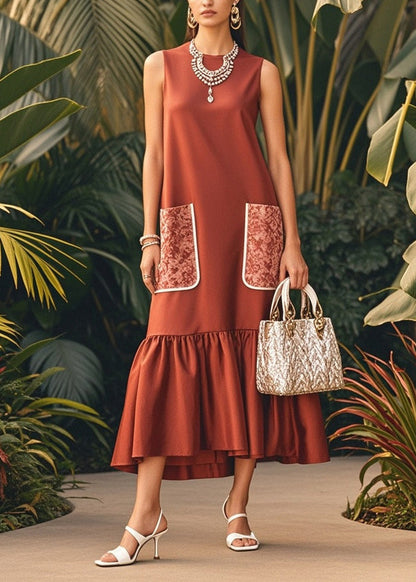 Brown O-neck Patchwork Pockets Silk Maxi Dress Sleeveless