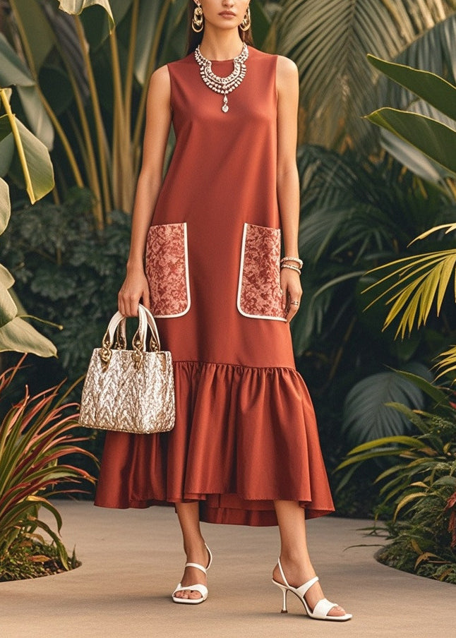 Brown O-neck Patchwork Pockets Silk Maxi Dress Sleeveless
