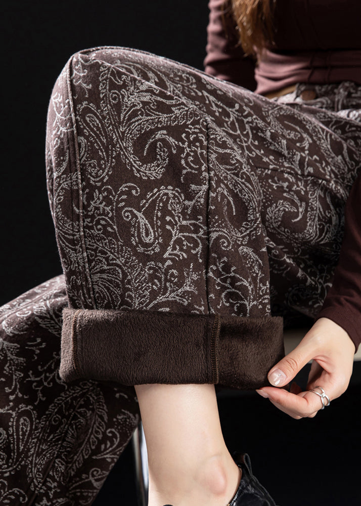 Brown Pockets Print Warm Fleece Denim Pants Winter