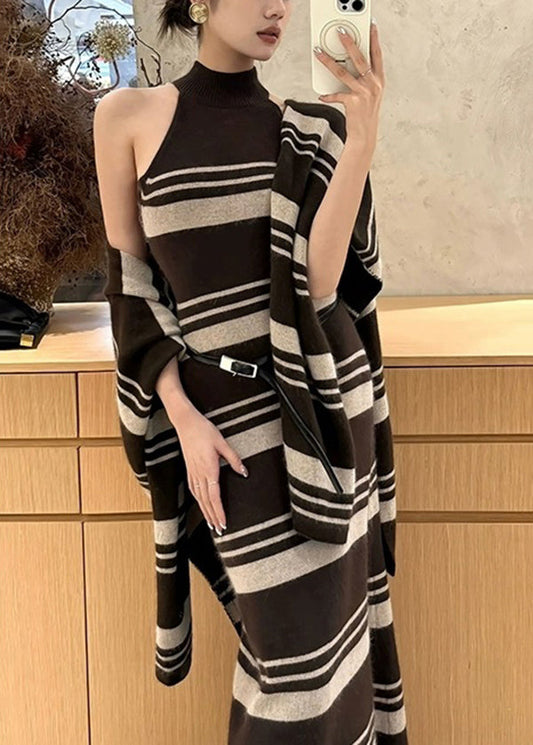 Brown Striped Cardigans and Sweater Dress Knit Two Pieces Set Spring