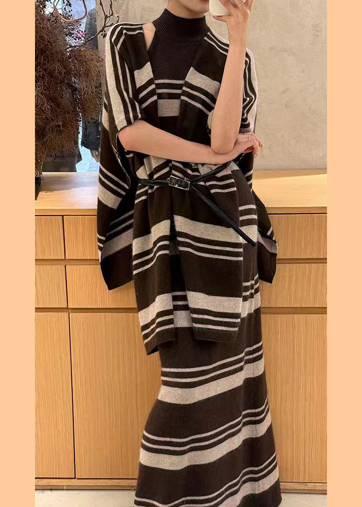 Brown Striped Cardigans and Sweater Dress Knit Two Pieces Set Spring