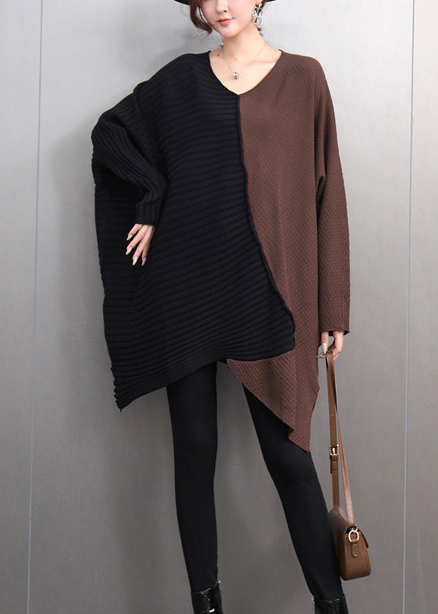 Brown V Neck Asymmetrical Thick Cotton Knitted Sweater Tops Winter