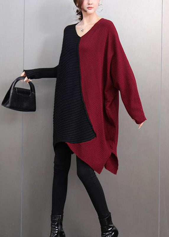 Brown V Neck Asymmetrical Thick Cotton Knitted Sweater Tops Winter