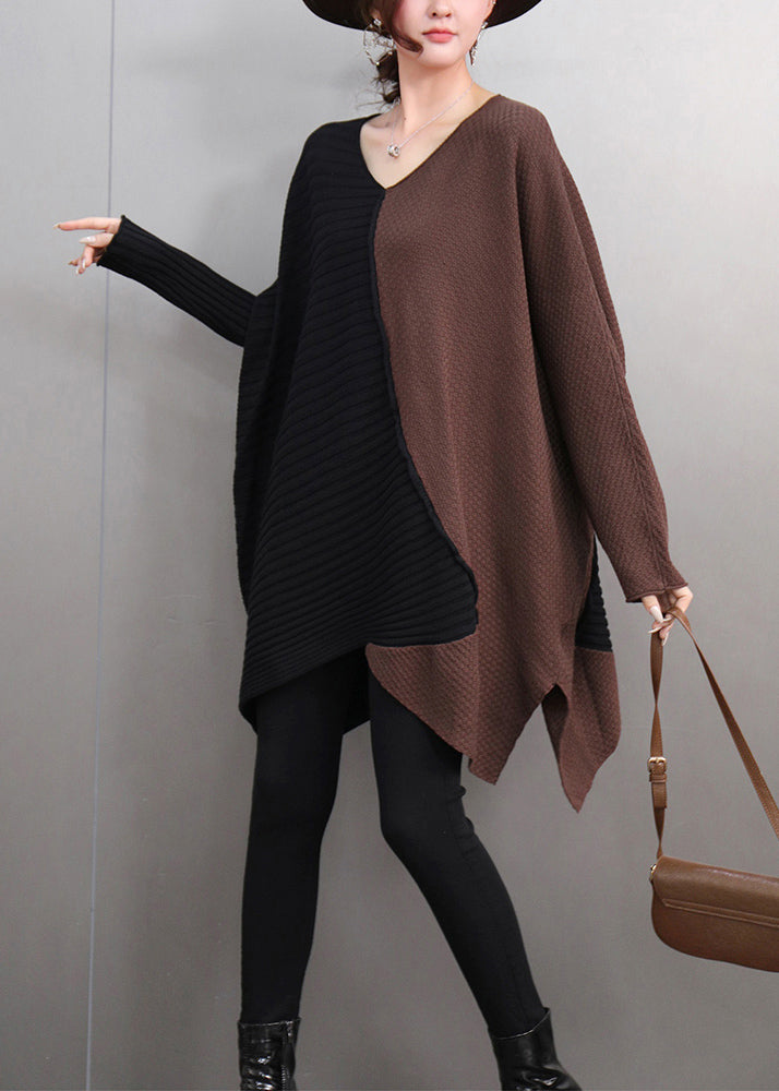 Brown V Neck Asymmetrical Thick Cotton Knitted Sweater Tops Winter