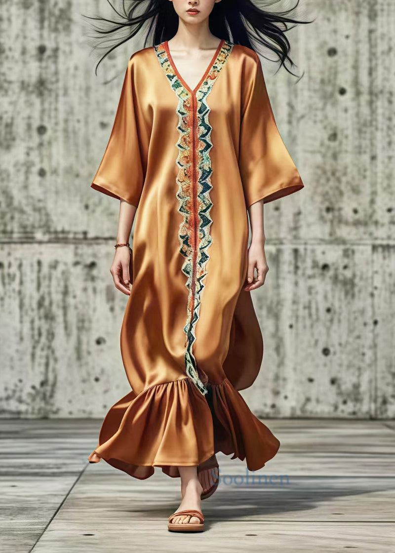 Brown V Neck Print Silk Ankle Dress Summer