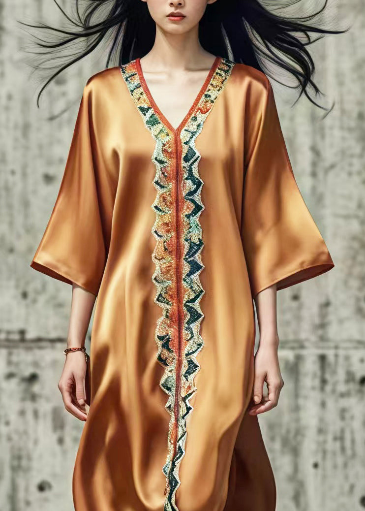 Brown V Neck Print Silk Ankle Dress Summer