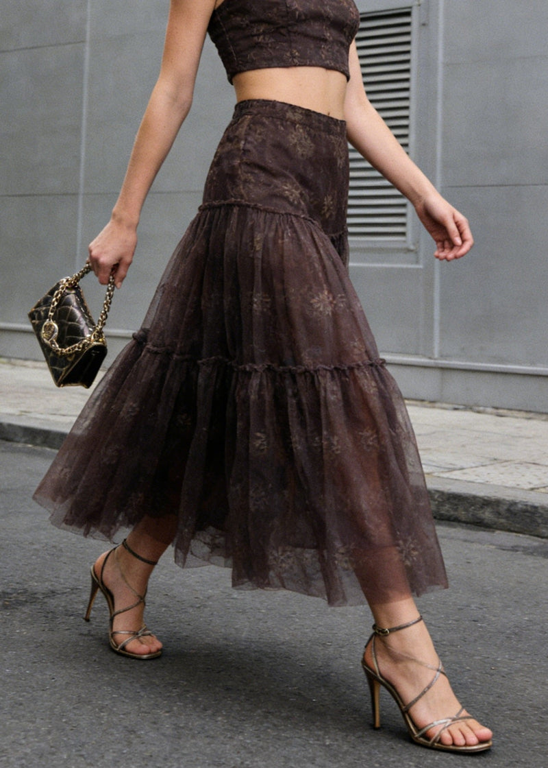 Brown Wrinkled Patchwork Tulle Skirts Summer