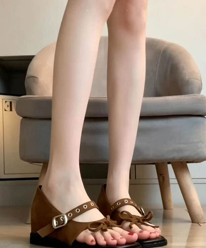Buckle Strap Splicing Wedge Sandals Khaki Suede Peep Toe