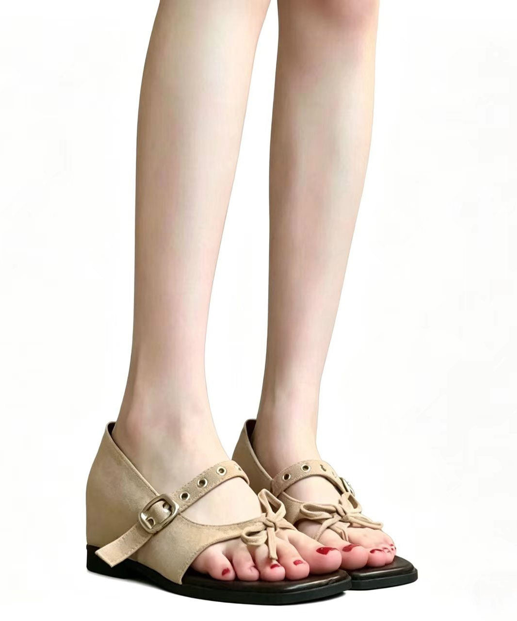 Buckle Strap Splicing Wedge Sandals Khaki Suede Peep Toe