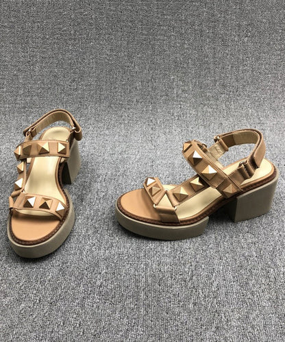 Camel Rivet Chunky Cowhide Leather Sandals