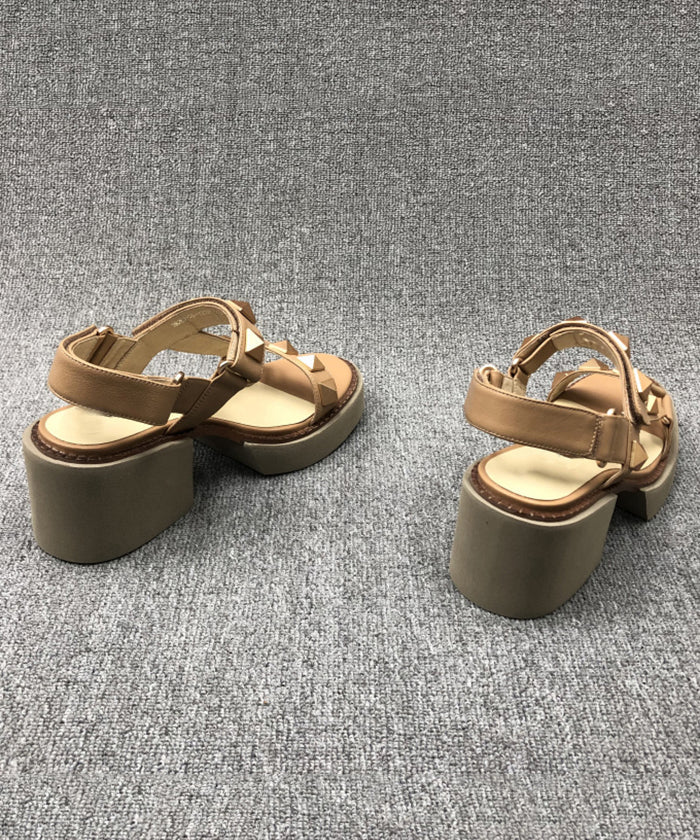 Camel Rivet Chunky Cowhide Leather Sandals