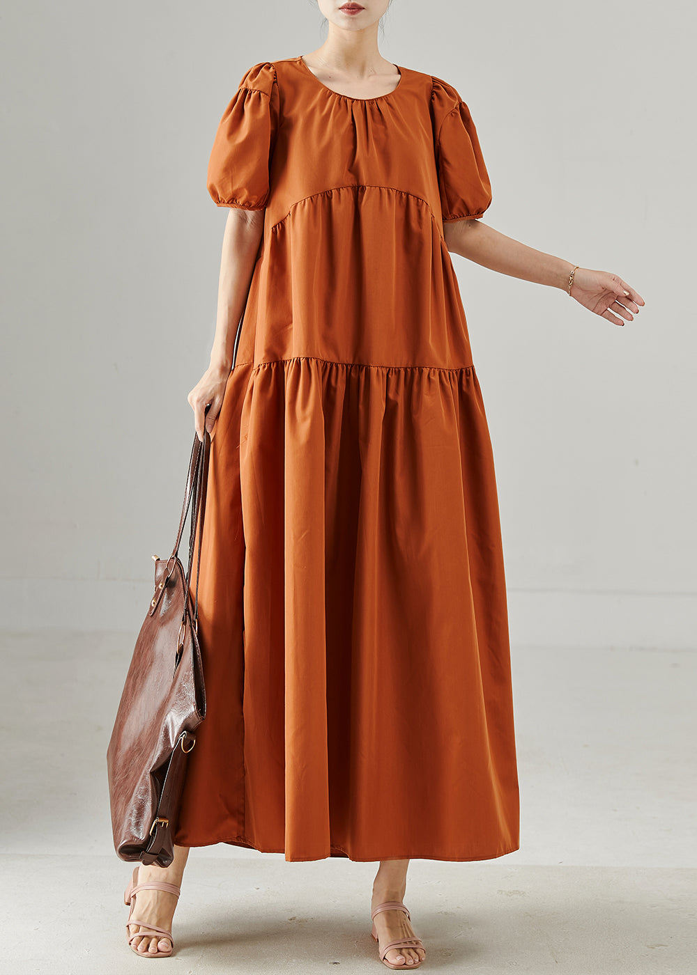 Caramel Oversized Patchwork Cotton Long Dresses Puff Sleeve