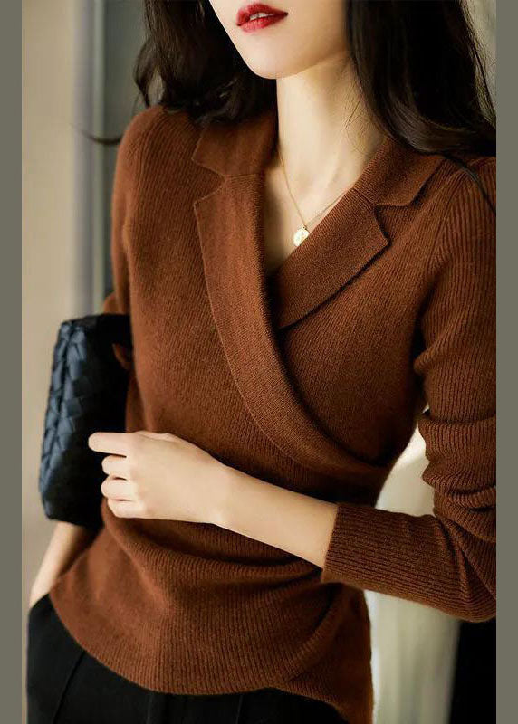 Caramel Peter Pan Collar Asymmetrical Design Slim Fit Fall Sweater