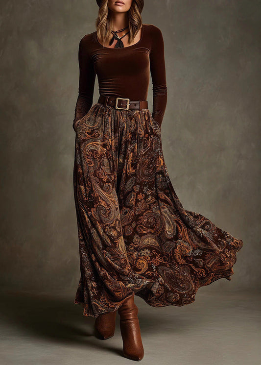 Caramel Print Pockets Velvet Two Pieces Set Spring