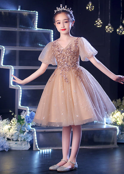 Champagne Puff Sleeve Sequins Tulle Kids Dress Summer