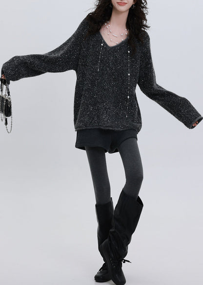 Charcoal Grey Sequins Oversized Knit Sweater Tops Winter