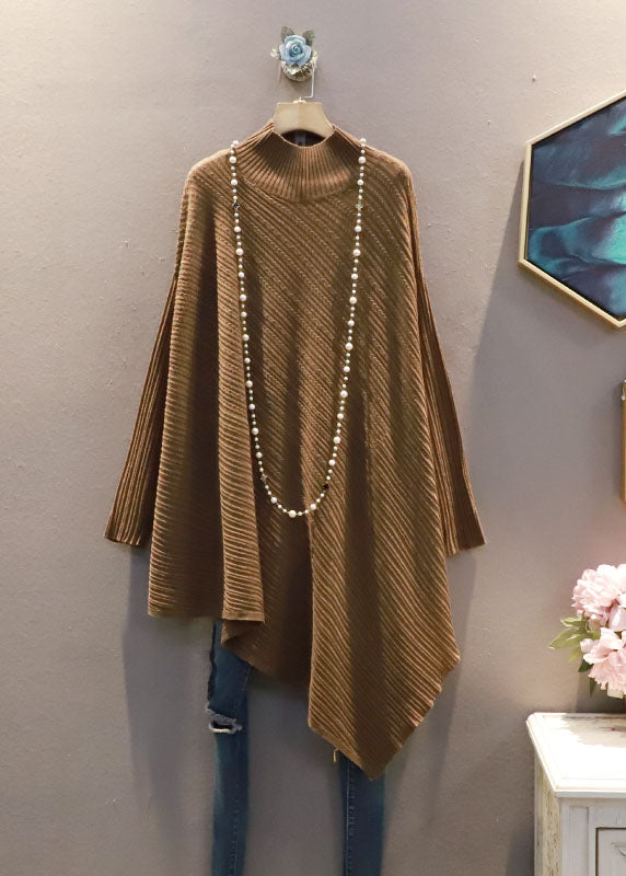 Coffee High Neck Asymmetrical Exra Large Hem Knit Sweater Spring