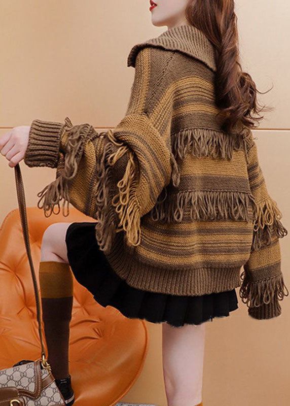 Coffee High Neck Zippered Patchwork Tassel Knit Pullover Winter