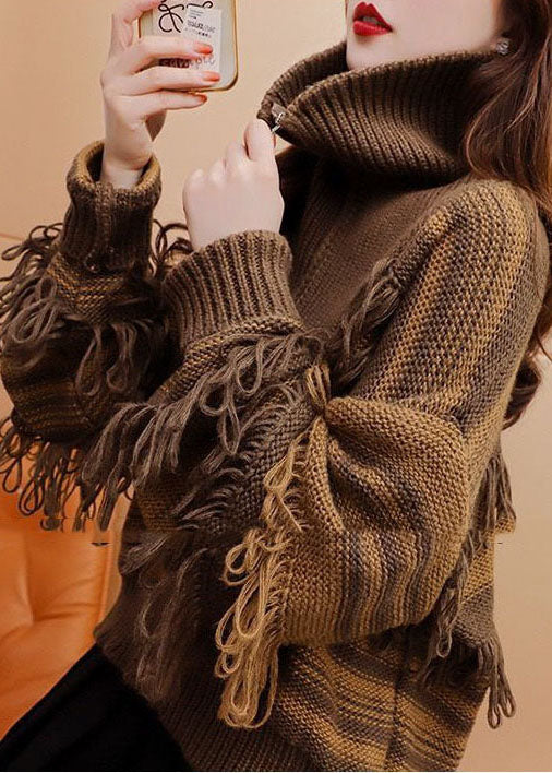 Coffee High Neck Zippered Patchwork Tassel Knit Pullover Winter