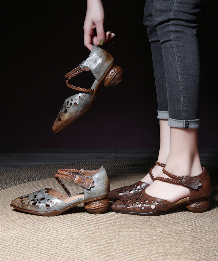 Coffee Hollow Out Buckle Strap Chunky Sandals