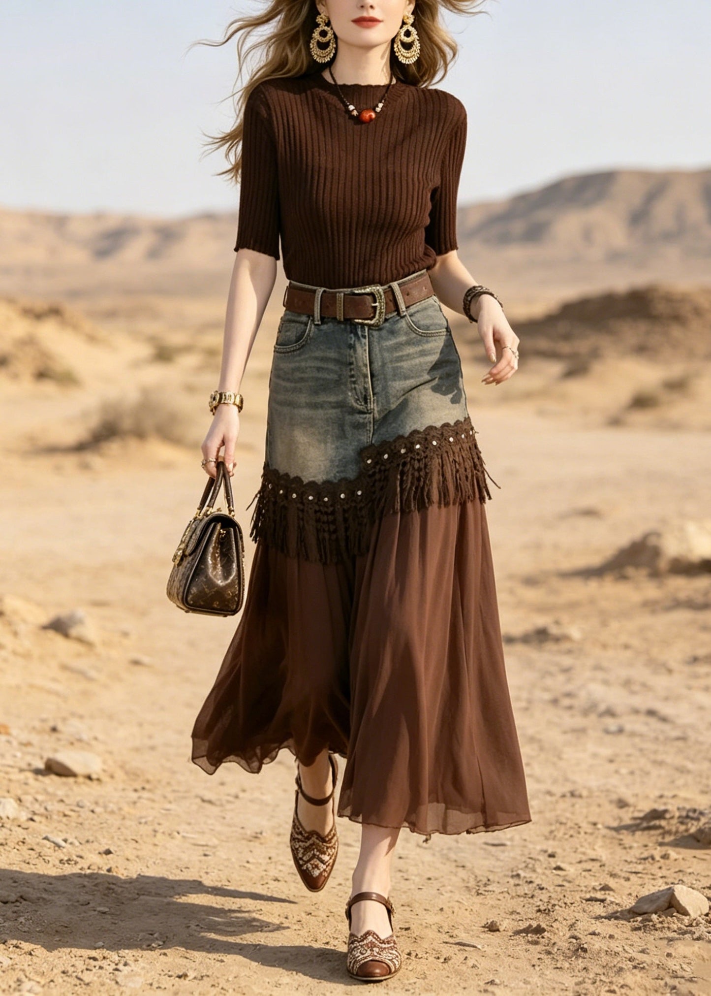 Coffee Ice Silk Knit Top and Lace Tassel Skirts Two Pieces Set Summer