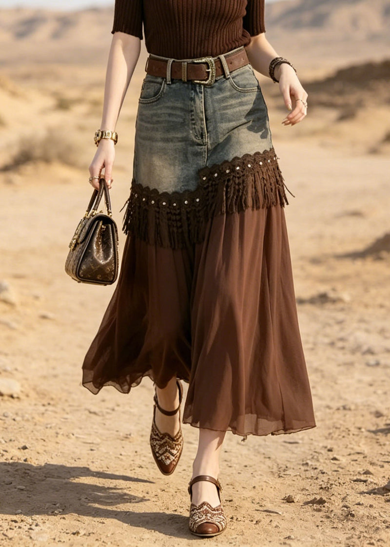 Coffee Ice Silk Knit Top and Lace Tassel Skirts Two Pieces Set Summer