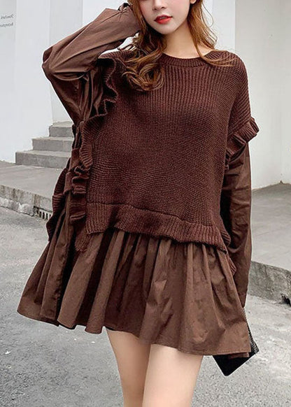 Coffee Knit Patchwork Ruffled Fall Sweaters
