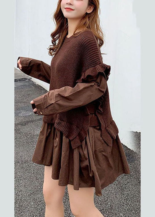 Coffee Knit Patchwork Ruffled Fall Sweaters
