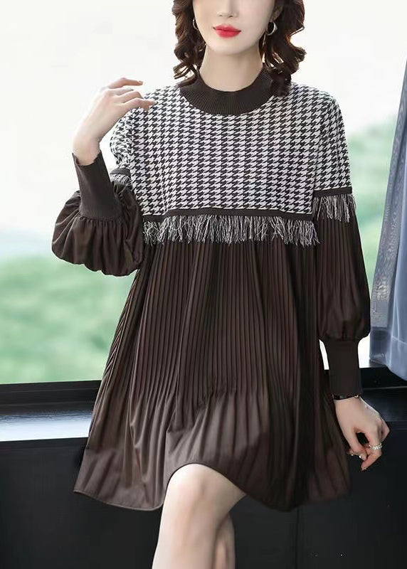 Coffee O-neck Tasseled Wrinkled Patchwork Cotton Mid Dress Lantern Sleeve