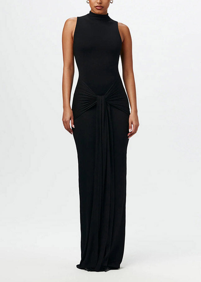 Coffee Stand Collar Tie Waist Flattering Robe Dresses Sleeveless