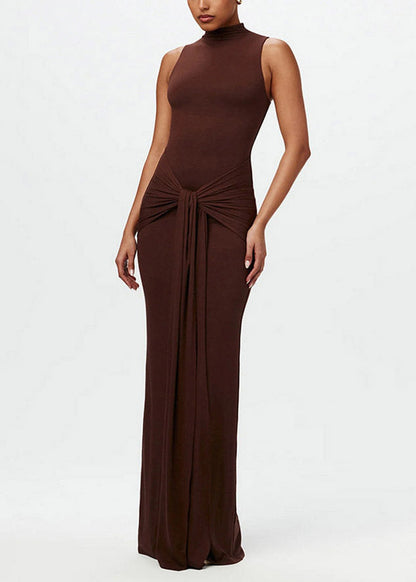 Coffee Stand Collar Tie Waist Flattering Robe Dresses Sleeveless