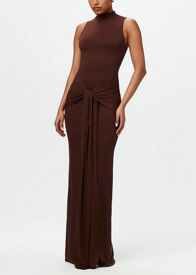Coffee Stand Collar Tie Waist Flattering Robe Dresses Sleeveless