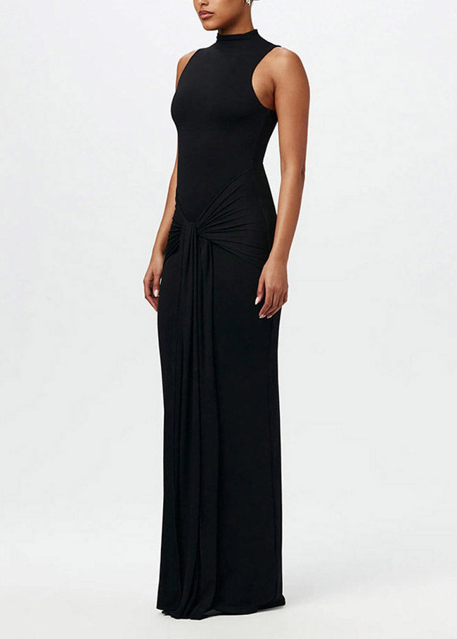 Coffee Stand Collar Tie Waist Flattering Robe Dresses Sleeveless