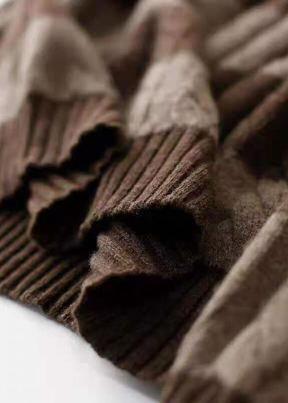 Coffee Striped Hign Neck Thick Patchwork Knit Short Sweater Fall