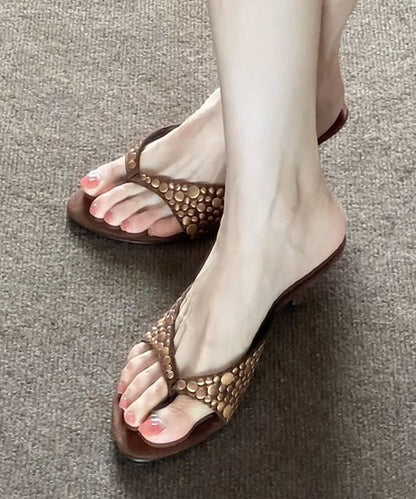 Coffee Suede Riveted High Heel Flip Flops