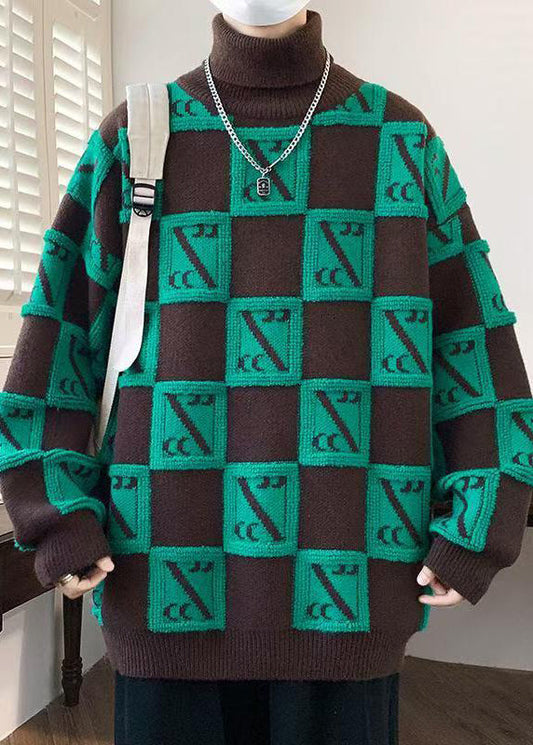 Coffee Turtleneck Plaid Patchwork Knit Sweaters Winter