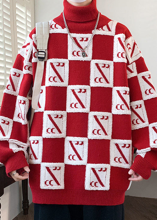 Coffee Turtleneck Plaid Patchwork Knit Sweaters Winter